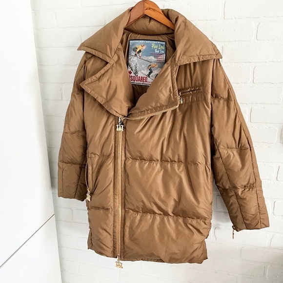 DSQUARED Down Women’s Parks Jacket Puffer Tan Gold Bronze Luxury S Oversized - Picture 1 of 16